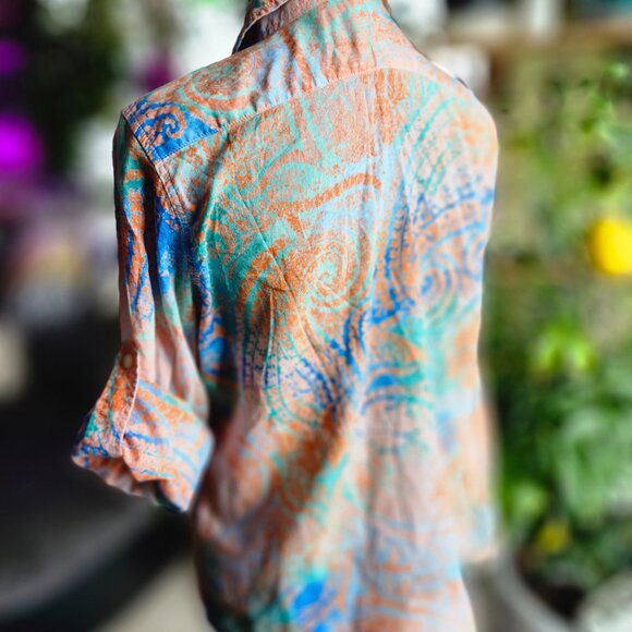 Lauren Ralph Lauren Medium Blue & Orange Abstract Button Long Sleeve Shirt - Picture 10 of 12
